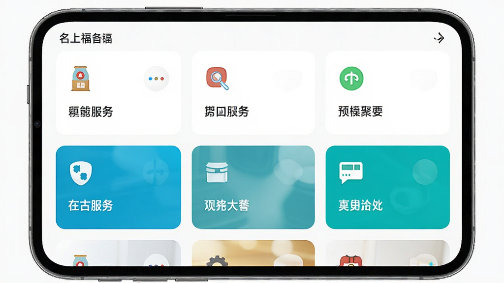 名上福应用功能聚合界面,手机屏幕展示多个生活服务卡片整齐排列,每张卡片带有简洁图标与文字标签,背景为白色,风格清爽,细节丰富,画质干净,无多余元素