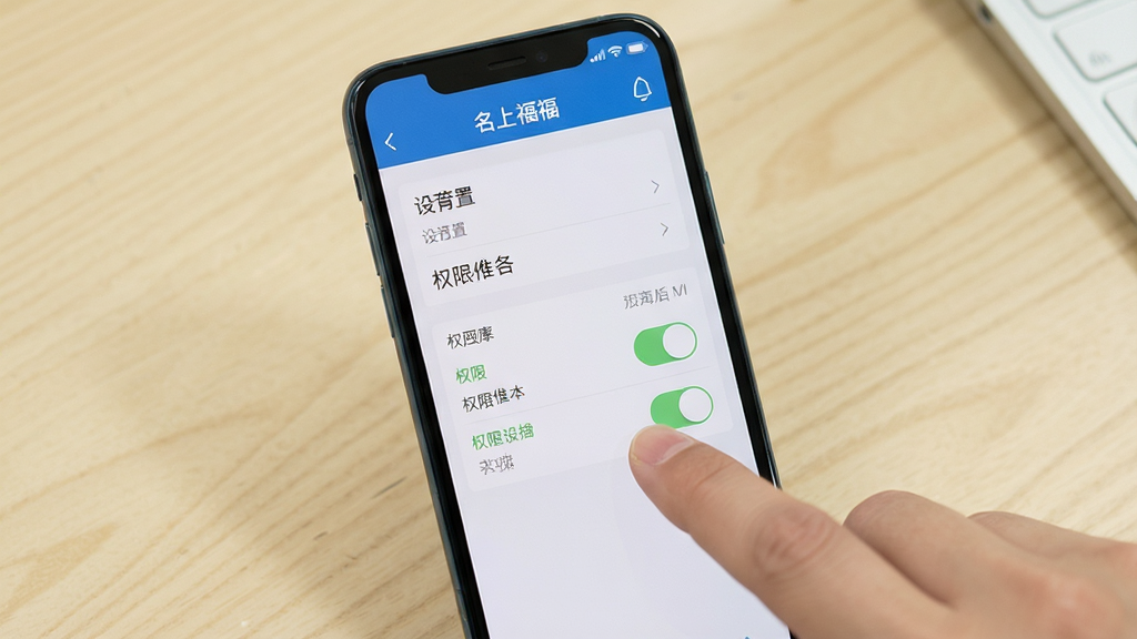 名上福移动端操作界面,手机屏幕显示设置页面与权限开关,手指点击屏幕示意操作,背景为浅色桌面,风格教程演示,细节清晰,画质干净,无多余元素
