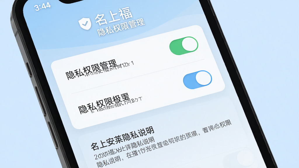 名上福隐私权限管理界面,手机屏幕展示权限开关列表与隐私说明文字,背景为淡蓝色,风格安全可信,细节清晰,画质干净,无多余元素