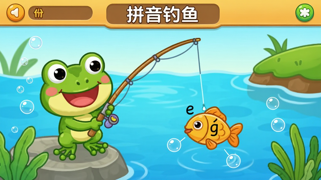 呱呱拼音互动游戏界面图,画面展示“拼音钓鱼”游戏场景,卡通青蛙“呱呱”拿着鱼竿钓起带有拼音字母的小鱼,布局为游戏主画面加顶部得分栏,风格为明亮卡通游戏界面,细节包含水波纹和气泡效果,画质高清,画面干净,无多余元素