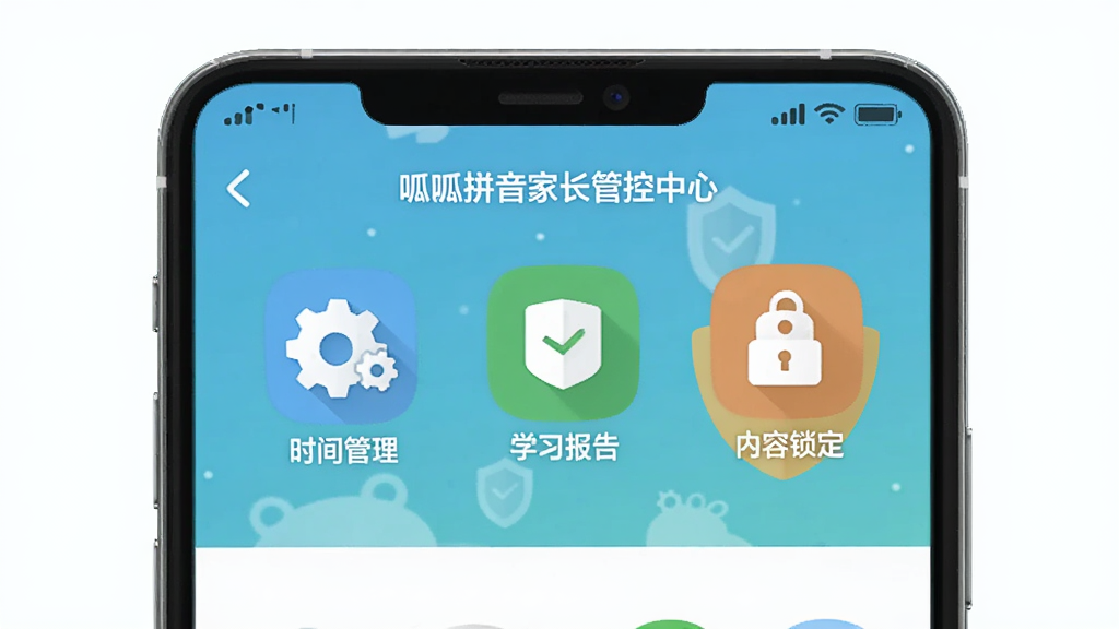 呱呱拼音家长管控中心界面图,画面展示手机屏幕上的家长设置面板,包含时间管理、学习报告、内容锁定等图标,布局为手机界面模拟展示,风格为简洁扁平化设计,细节包含齿轮和盾牌元素,画质高清,画面干净,无多余元素