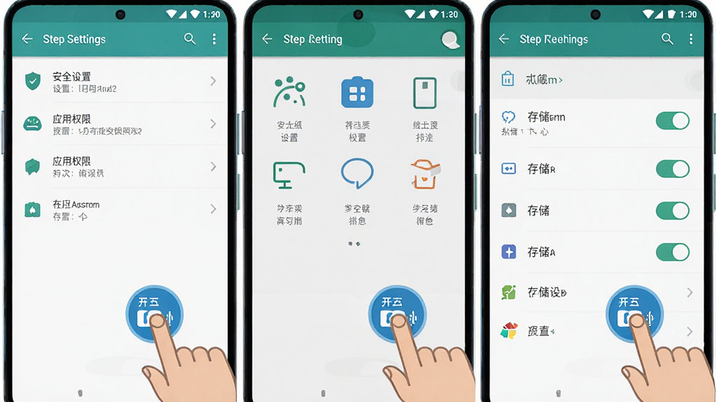 呱呱拼音安装权限设置步骤图,画面展示安卓手机设置界面的分步截图,包含安全设置、应用权限、存储开关等图标,布局为三格分镜排列,风格为扁平化手机UI示意图,细节包含手指点击引导图标,画质高清,画面干净,无多余元素