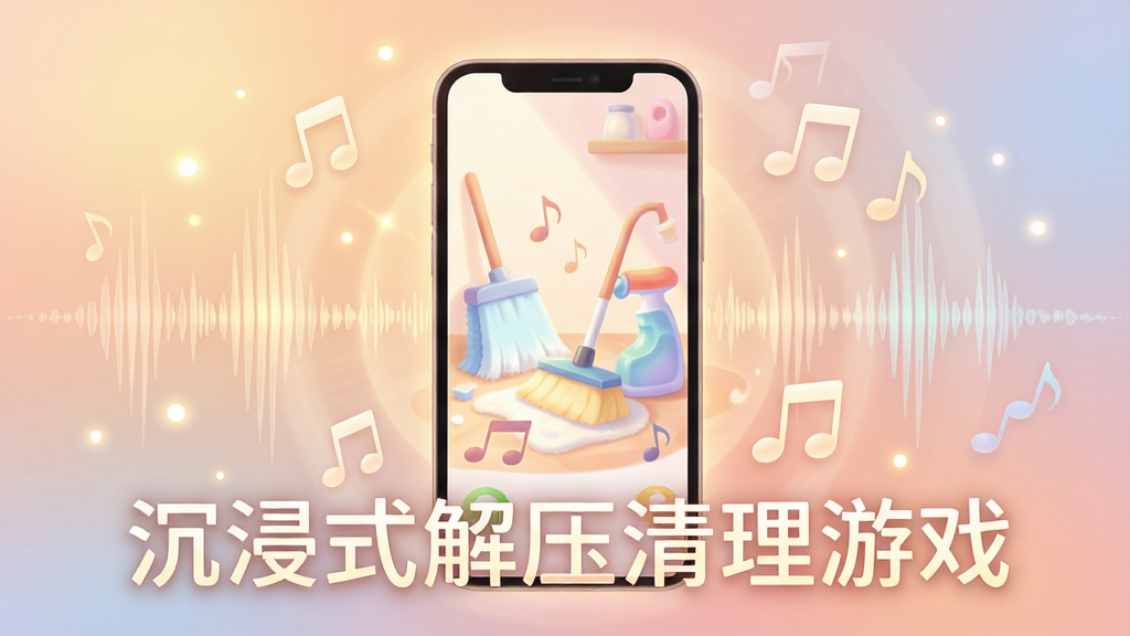一张展示沉浸式解压清理游戏视听氛围的图片,主体为手机屏幕中呈现柔和色调的清洁场景与音符、声波元素环绕,布局采用中心放射构图,手机位于画面中央,四周漂浮着轻柔的音符与光点,风格为梦幻治愈系插画,细节包括暖色调光影、半透明声波纹理、柔和渐变背景,画质细腻,干净无多余元素,画面中可带有