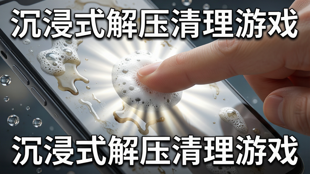 一张展示沉浸式解压清理游戏清洁反馈效果的图片,主体为手指在手机屏幕上滑动擦拭脏污表面的特写,布局采用斜向动态构图,手指与屏幕接触点向外扩散出清洁后的明亮区域,排版上突出清洁前后的对比感,风格为写实3D渲染,细节包含泡沫飞溅、水痕反光、污渍边缘的渐变过渡,画质高清,干净无多余元素,画面中可带有