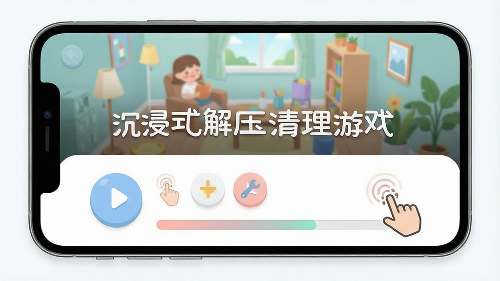一张展示沉浸式解压清理游戏轻松操作界面的图片,主体为手机屏幕中显示简洁的操作按钮与进度条,布局采用上下分层排版,上方为场景预览,下方为工具栏,风格为极简扁平化设计,细节包括圆润的按钮图标、柔和的进度条色彩、清晰的手势提示线,画质干净明亮,无多余元素,画面中可带有