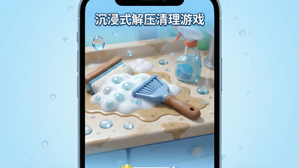 一张展示沉浸式解压清理游戏主界面的图片,主体为手机屏幕中呈现的清洁场景,画面中央是布满泡沫的脏污台面与清洁工具,布局采用居中构图,手机界面占据画面核心区域,四周以柔和的浅蓝色渐变背景衬托,排版简洁干净,风格为清新3D卡通渲染,细节包括水珠反光、泡沫纹理、工具握柄的磨砂质感,画质清晰明亮,干净无多余元素,画面中可带有