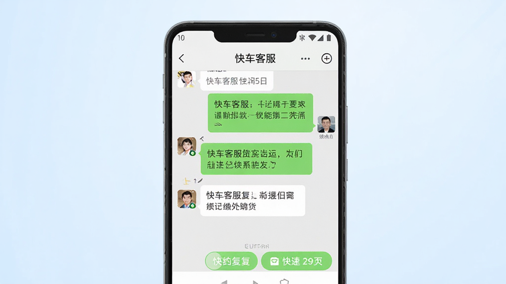 一部安卓手机屏幕显示“快车客服”的聊天界面,主体手机居中,背景为淡蓝色渐变,布局简洁,风格商务清新,细节包含对话框和快捷回复按钮,画质高清,干净无多余元素