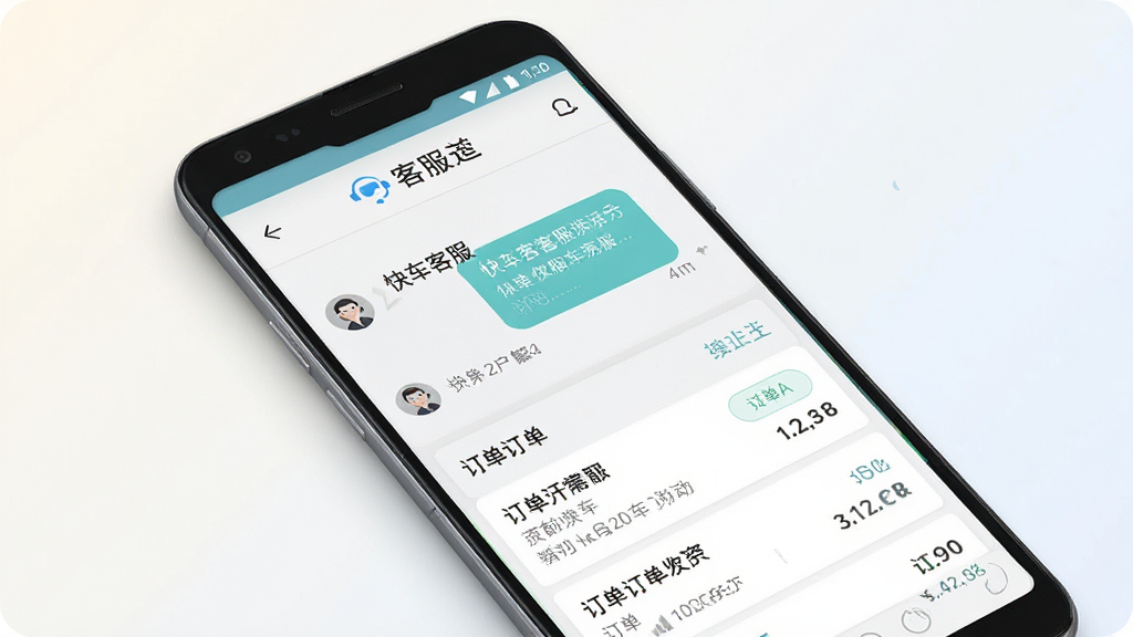 一张展示“快车客服”手机应用界面的场景图,主体为一部安卓手机,屏幕上显示应用主界面,包含客服对话入口和订单列表,布局居中,背景为浅色渐变,风格简洁现代,细节清晰,画质高清,干净无多余元素