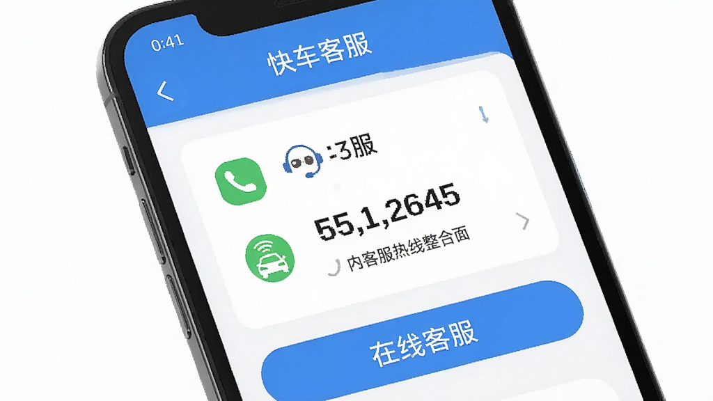 一张展示“快车客服”应用内客服热线整合页面的图片,主体为手机屏幕,显示电话号码和在线客服按钮,布局清晰,风格简约商务,细节包含图标和文字说明,画质高清,干净无多余元素