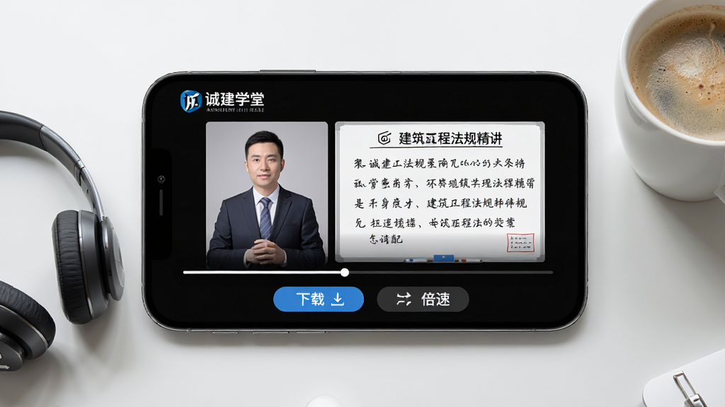 一张展示诚建学堂视频学习界面的场景图,画面中一部手机横屏放置,屏幕内正在播放建筑工程法规精讲视频,画面中有讲师头像和课件板书,视频下方有“下载”和“倍速”按钮,手机旁有一副耳机和一杯咖啡,布局采用水平构图,风格为现代简约风,细节上突出“诚建学堂”LOGO和视频进度条,画质高清,色彩自然,干净无多余装饰
