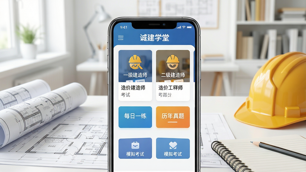 一幅展示诚建学堂手机应用界面的场景图,画面中央是一部竖屏智能手机,屏幕上清晰显示诚建学堂APP首页,包含一级建造师、二级建造师、造价工程师等考试分类入口,以及每日一练、历年真题、模拟考试等功能按钮,手机周围散落着建筑图纸、安全帽、笔记本和铅笔,背景是明亮的书房环境,整体布局采用居中构图,风格为写实科技风,细节上突出屏幕内文字“诚建学堂”与课程卡片,画质清晰,干净整洁,无多余元素