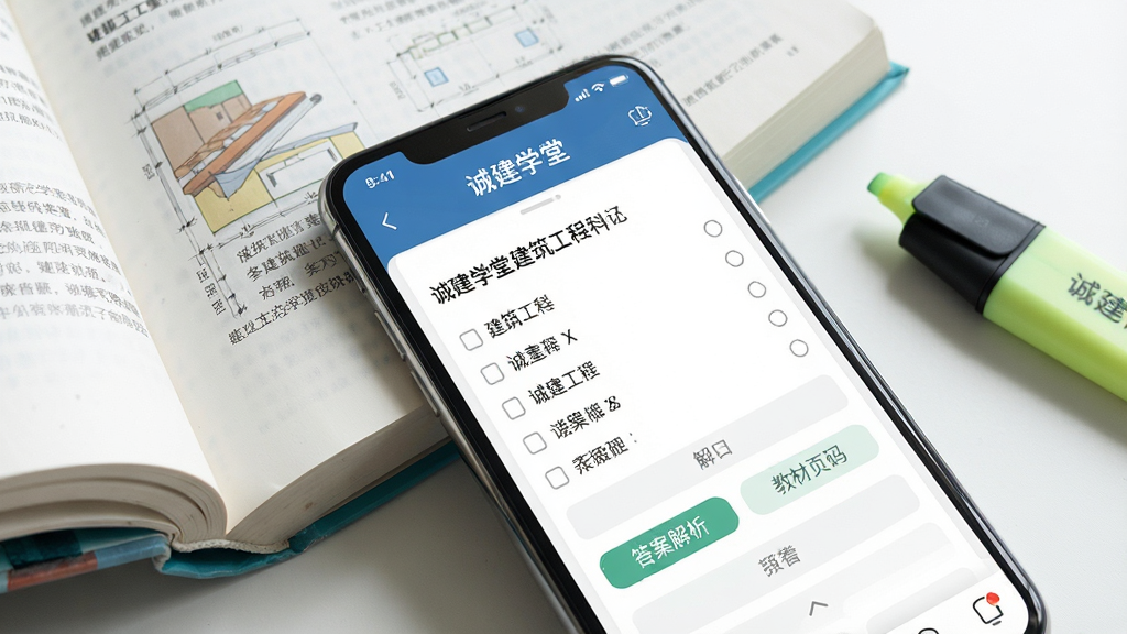 一张展示诚建学堂题库界面的场景图,画面主体为手机屏幕特写,屏幕内显示建筑工程科目的多选题练习页面,题目下方有“答案解析”和“教材页码”标签,手机旁边放着一本翻开的建筑工程教材和一支荧光笔,布局采用对角线构图,风格为清新学习风,细节上突出“诚建学堂”字样和题目选项按钮,画质清晰,光线柔和,干净无杂乱元素
