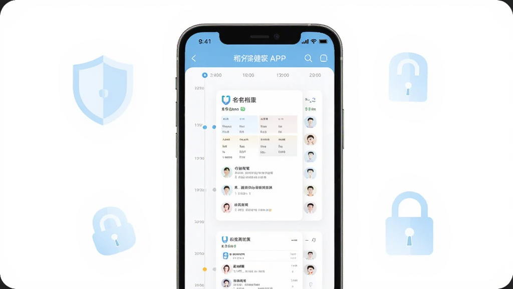 画面主体为一部手机屏幕显示和缓名医APP的健康档案页面,页面中有时间轴排列的病历卡片与化验单缩略图,布局为居中展示,风格为简洁扁平化UI风格,细节上手机周围有盾牌与锁的淡色图标象征安全,背景为纯白,画质清晰,干净,无多余元素