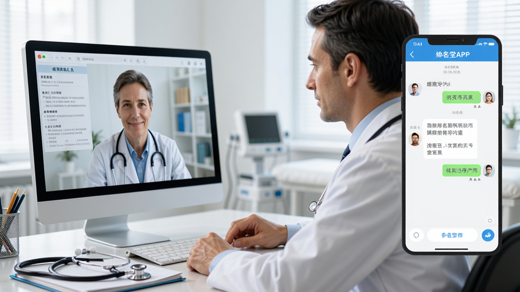 画面主体为一位穿着白大褂的医生正对着电脑屏幕进行视频问诊,屏幕中显示患者的病历资料,布局为左右分割式,左侧为医生工作场景,右侧为和缓名医APP的聊天界面截图,风格为写实商务医疗风,细节上医生桌面有听诊器和病历本,背景为明亮的诊室环境,画质高清,干净,无多余元素