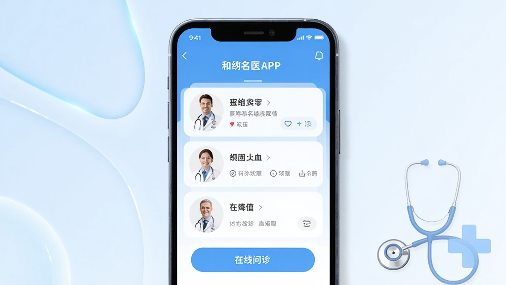 画面中央展示一部智能手机,手机屏幕上显示和缓名医APP的首页界面,界面中包含医生列表与在线问诊按钮,背景为干净的浅蓝色渐变,布局为居中构图,风格为现代医疗科技风,细节上手机边缘有柔和光影,画面右下角有听诊器与十字标志的淡色装饰,画质清晰,干净,无多余元素