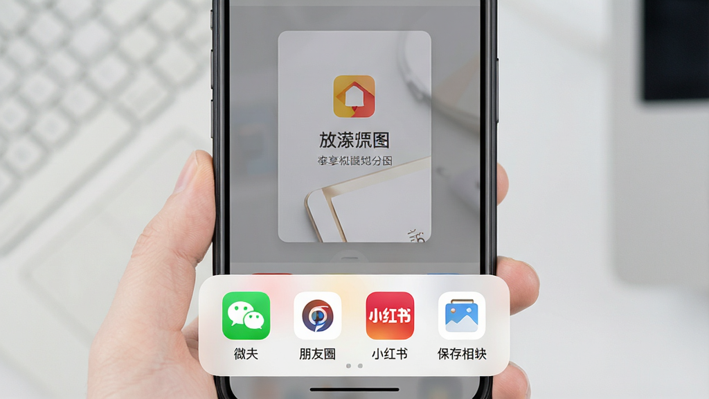 一张展示文案卡片导出分享界面的图片,画面为手机屏幕,屏幕中央是一张已经做好的卡片预览图,下方弹出分享菜单,包含微信、朋友圈、小红书、保存相册等图标按钮,布局为底部弹窗式,风格为移动端应用交互界面,细节包括清晰的图标和半透明遮罩背景,画质高清,干净,无多余元素