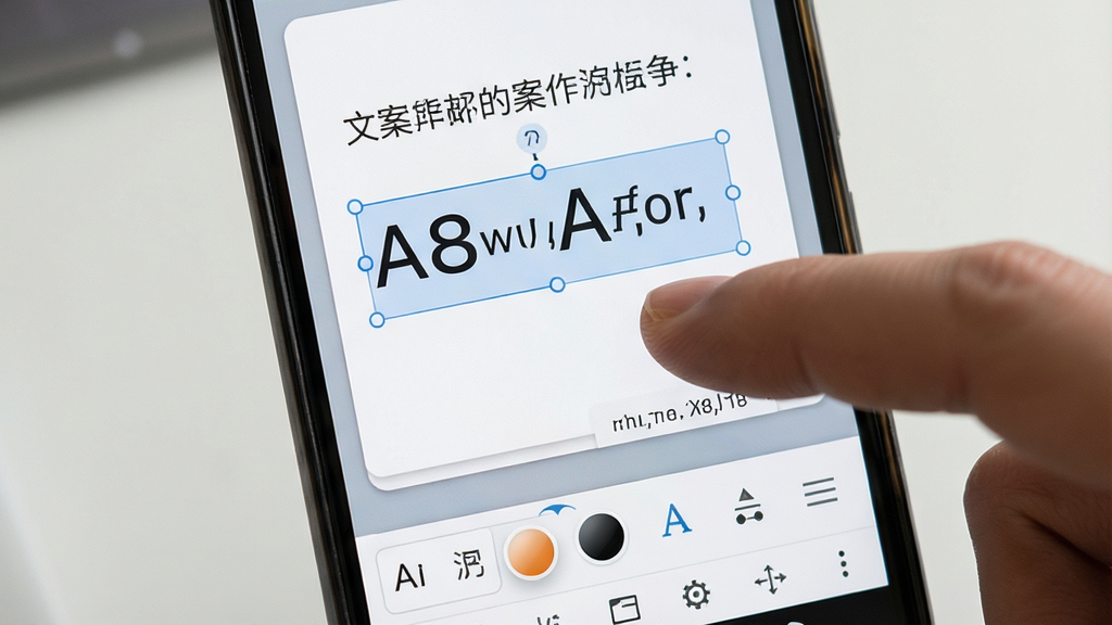 一张展示文案卡片软件在安卓手机上编辑文字并调整样式的图片,画面为手机屏幕特写,屏幕上是卡片编辑界面,有文字正在被选中调整字号,下方工具栏显示字体、颜色、对齐等选项,布局为竖屏操作界面,风格为写实移动端应用截图,细节包括手指点击屏幕的动作和清晰的文字排版,画质高清,干净,无多余元素