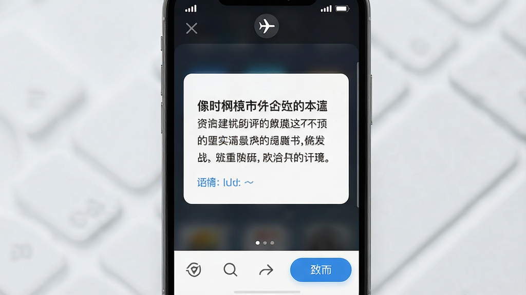 一张展示文案卡片在无网络环境下使用的图片,画面为手机屏幕,屏幕上方显示飞行模式图标,屏幕中央是文案卡片编辑界面,文字内容完整显示,下方工具栏功能正常可用,布局为竖屏手机界面,风格为写实科技感,细节包括信号栏的叉号和清晰的文字排版,画质高清,干净,无多余元素