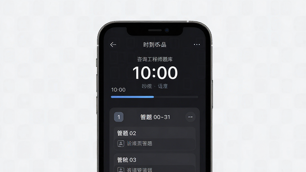 咨询工程师题库帮模拟考试界面,主体为手机屏幕显示倒计时与答题卡,布局为上下结构,风格为深色护眼模式,细节包括时间进度条与题号标记,画质清晰,背景简洁,无多余元素