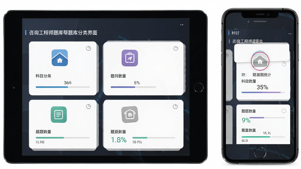 咨询工程师题库帮题库分类界面,画面主体为平板电脑与手机并排展示,屏幕中呈现科目分类卡片与题目数量统计,布局左右对称,风格为现代简约商务风,细节包括科目图标与进度百分比,画质高清,背景为纯白,无多余元素