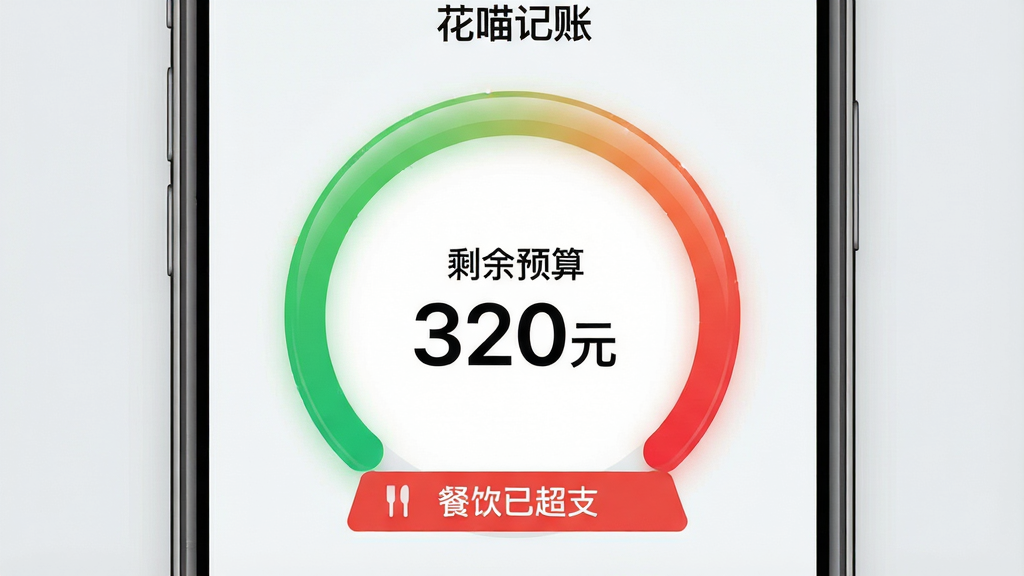 一张“花喵记账”预算提醒功能界面图,主体为手机屏幕,屏幕中央显示一个圆形预算进度条,外圈为绿色到红色的渐变,中心写着“剩余预算 320元”,下方有“餐饮已超支”的红色提示条;布局居中,背景为浅灰色;排版干净,进度条有细腻的光泽感;风格为现代扁平化;细节上突出数字和颜色变化,画质高清,无多余装饰。