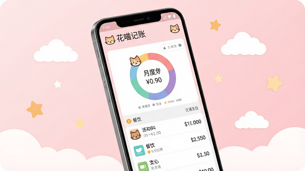 一张展示“花喵记账”手机应用界面的预览图,主体为一部竖屏安卓手机,屏幕中显示可爱的猫咪主题记账首页,包含月度收支圆形图表和几笔餐饮、交通支出列表;布局居中,背景为浅粉色渐变,周围点缀少量云朵和星星;排版清晰,手机微微倾斜呈现立体感;风格为清新卡通、柔和扁平化;细节上突出猫咪图标和数字金额,画质高清,干净无多余元素。