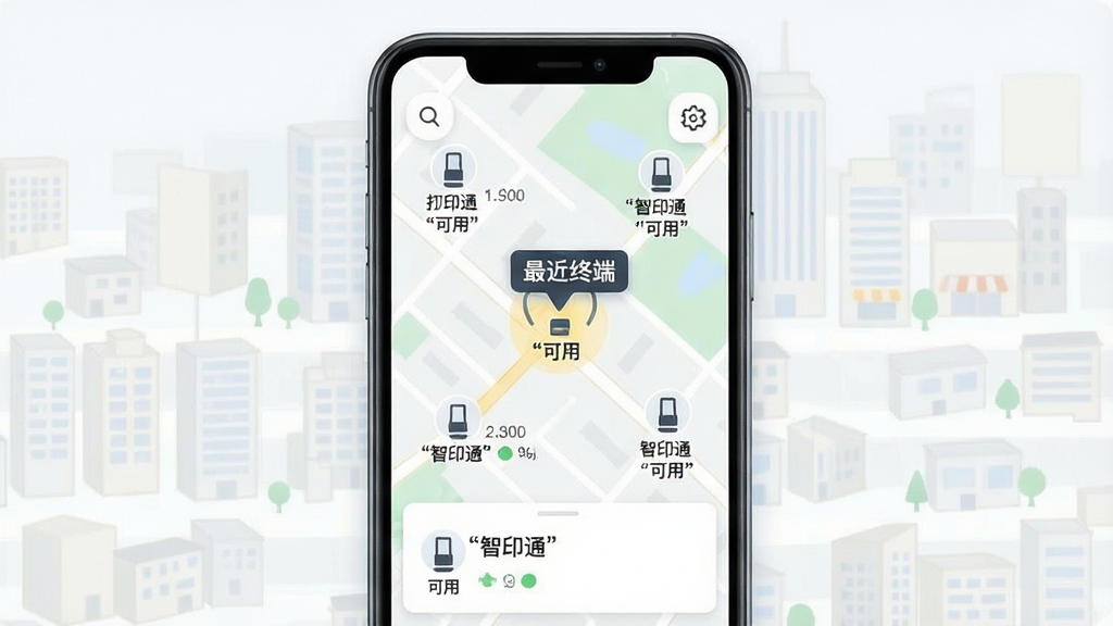 һ��չʾ��ӡͨ�����ն˶�λ���ܵĲ廭����������Ϊ�ֻ���Ļ��ʾ��ͼ���棬��ͼ���ж����ӡ�ն˱�ǵ㣬����һ����Ǹ�����ʾ