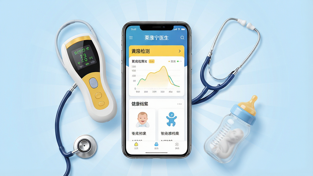 一张展示莱康宁医生软件核心功能的宣传图,画面中央是一部智能手机,屏幕上显示莱康宁医生APP的首页界面,包含黄疸检测数据图表和宝宝健康档案卡片,手机周围环绕着莱康宁经皮黄疸仪设备、听诊器、婴儿奶瓶等医疗与母婴元素,背景为柔和的浅蓝色渐变,布局采用中心放射式构图,风格为现代医疗科技风,细节包括清晰的UI图标和柔和的光影效果,画质高清,画面干净整洁,无多余元素干扰