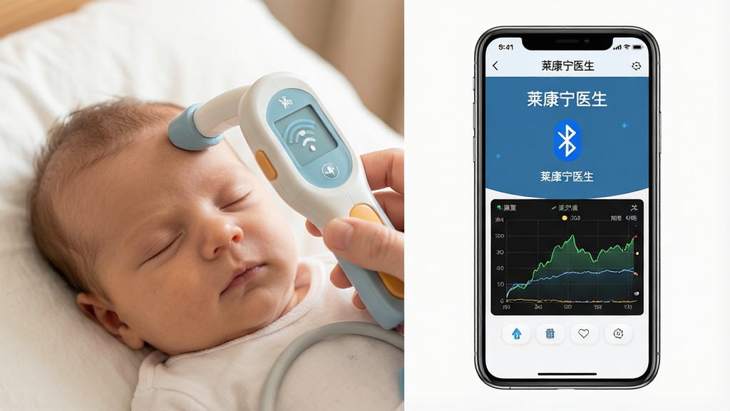 一张展示莱康宁医生APP与经皮黄疸仪蓝牙连接场景的图片,画面左侧是莱康宁经皮黄疸仪正在检测婴儿额头,右侧是手机屏幕显示莱康宁医生APP的数据同步成功界面,界面中包含“莱康宁医生”文字标识和蓝牙连接图标,布局为左右分栏对比,风格为温馨家庭医疗场景,细节包括婴儿安睡的表情和手机屏幕上的数据曲线,画质清晰,画面干净,无多余元素