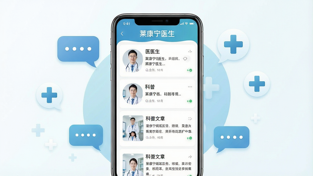 一张展示莱康宁医生APP在线咨询与科普功能的图片,画面主体是手机屏幕显示莱康宁医生APP的医生列表和科普文章列表界面,屏幕上方有“莱康宁医生”文字标识,周围点缀对话气泡和医学十字图标,布局为手机居中、元素环绕,风格为清新医疗科普风,细节包括医生头像和文章缩略图,画质高清,画面干净,无多余元素