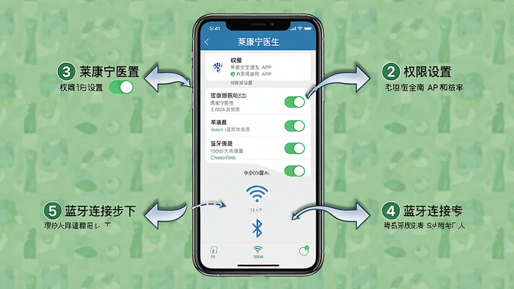 一张展示莱康宁医生APP使用指南的示意图,画面主体是手机屏幕显示莱康宁医生APP的权限设置界面和蓝牙连接步骤,屏幕旁有箭头标注操作顺序,布局为手机居中、步骤标注环绕,风格为简洁教程风,细节包括权限开关图标和蓝牙信号符号,画质清晰,画面干净,无多余元素