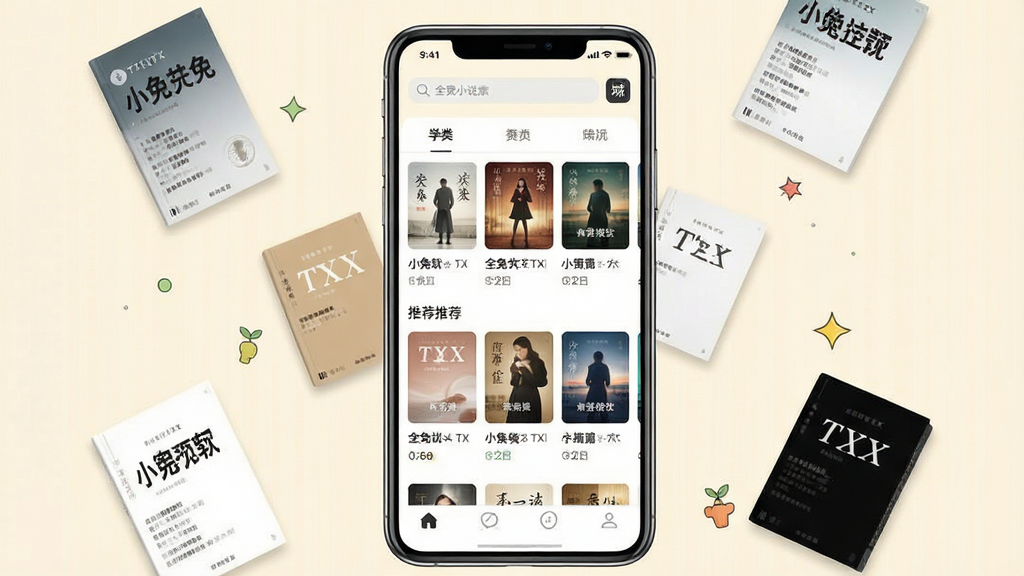 一张展示全免小说TXT软件主界面的预览图,画面中央放置一台竖屏智能手机,手机屏幕内显示全免小说TXT的首页书城界面,顶部有搜索栏,中部为分类书架和推荐书单卡片,底部为导航菜单,整体采用浅色护眼背景,周围环绕飘浮的几本TXT电子书封面元素,风格简洁清新,画质干净清晰,无多余元素
