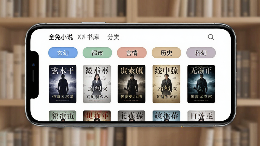 一张展示全免小说TXT书库分类页面的预览图,画面主体为一部横向放置的手机,屏幕内呈现全免小说TXT的分类浏览界面,显示玄幻、都市、言情、历史、科幻等多个分类标签,每个分类下方有书籍封面缩略图排列,背景为柔和的书架纹理,风格现代简约,画质清晰,干净无多余元素