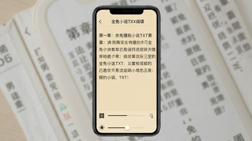 一张展示全免小说TXT阅读界面的预览图,画面中央为一部手机,屏幕内显示全免小说TXT的正文阅读页,背景为米黄色护眼底色,文字排版整齐,顶部有章节标题,底部有翻页进度条和亮度调节滑块,画面中无任何广告弹窗元素,风格极简安静,画质干净,无多余元素