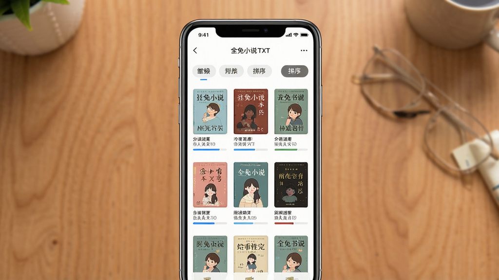 一张展示全免小说TXT书架管理功能的预览图,画面中央为一部手机,屏幕内显示全免小说TXT的个人书架页面,书籍以网格或列表形式排列,每本书下方有阅读进度条,顶部有分组标签和排序按钮,背景为温馨的木质桌面,风格整洁有序,画质干净清晰,无多余元素