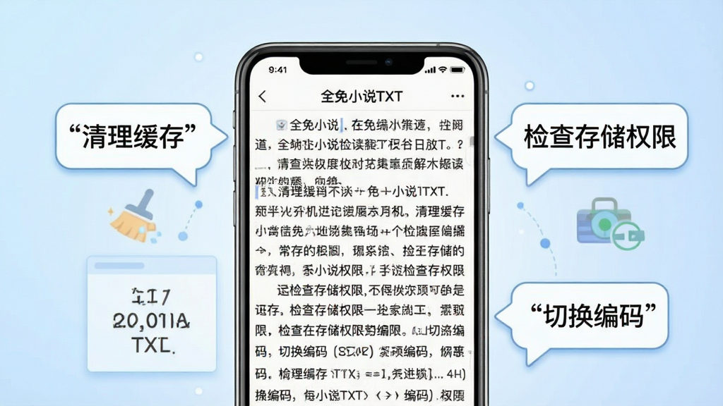 一张展示全免小说TXT在手机上阅读时的常见问题解决示意图,画面主体为一部手机,屏幕内显示全免小说TXT的阅读界面,旁边悬浮几个提示气泡分别写着“清理缓存”“检查存储权限”“切换编码”,背景为淡蓝色渐变,风格信息图表化,画质清晰,无多余元素