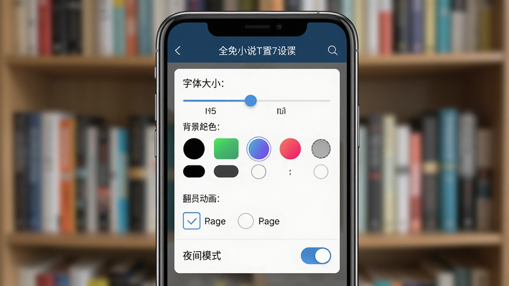 一张展示全免小说TXT设置面板的预览图,画面主体为一部手机,屏幕内弹出全免小说TXT的阅读设置菜单,包含字体大小滑块、背景颜色选择器、翻页动画选项和夜间模式开关,界面布局清晰直观,背景为虚化的书架场景,风格现代扁平化,画质清晰,无多余元素