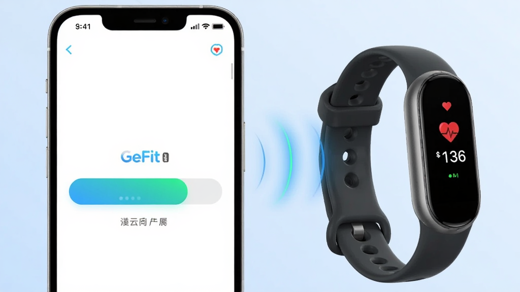 一部手机与一个智能手环通过蓝牙连接示意图,手机屏幕显示GeFit的云同步进度条,手环屏幕显示心率数值,背景为浅蓝色渐变,主体是手机和手环,布局为左右对称,排版简洁,风格为3D渲染科技感,细节包括连接波纹和发光线条,画质高清,干净无多余元素