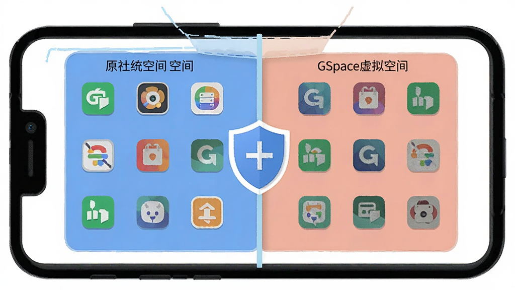 功社GSpace虚拟空间隔离机制示意图,画面中央为手机轮廓,内部划分两个独立区域,分别标注原系统空间与GSpace虚拟空间,应用图标分列两侧,中间以盾牌图标表示隔离保护,扁平化设计风格,细节清晰,画质干净