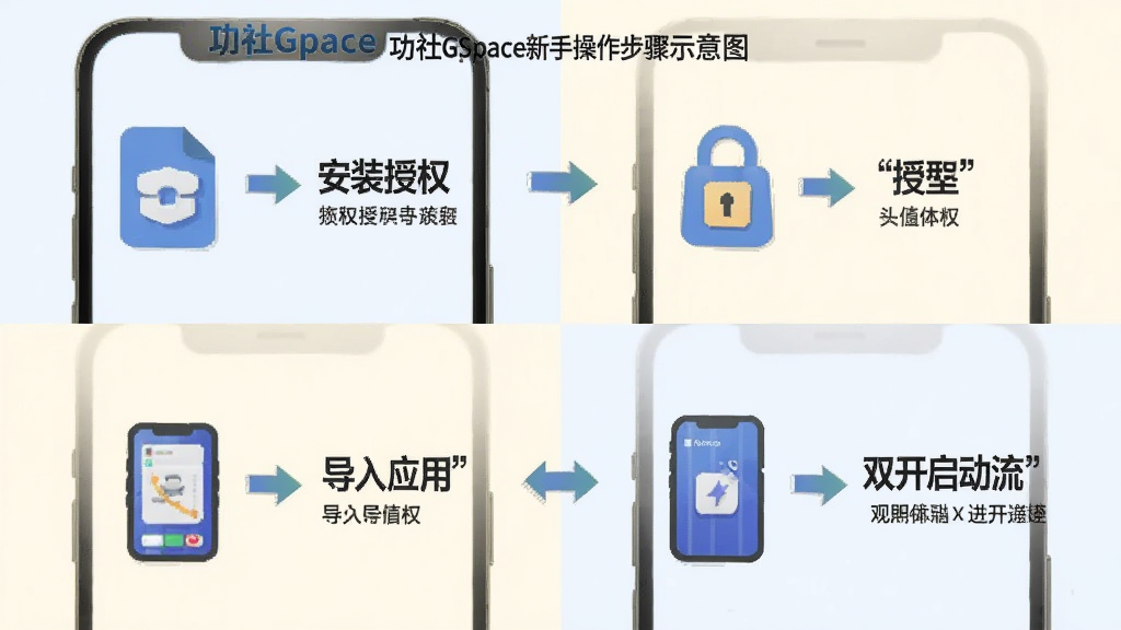 功社GSpace新手操作步骤示意图,手机屏幕分四格展示安装、授权、导入应用、双开启动流程,每格配简洁图标与箭头引导,浅色背景,扁平化插画风格,文字标注清晰,画质干净