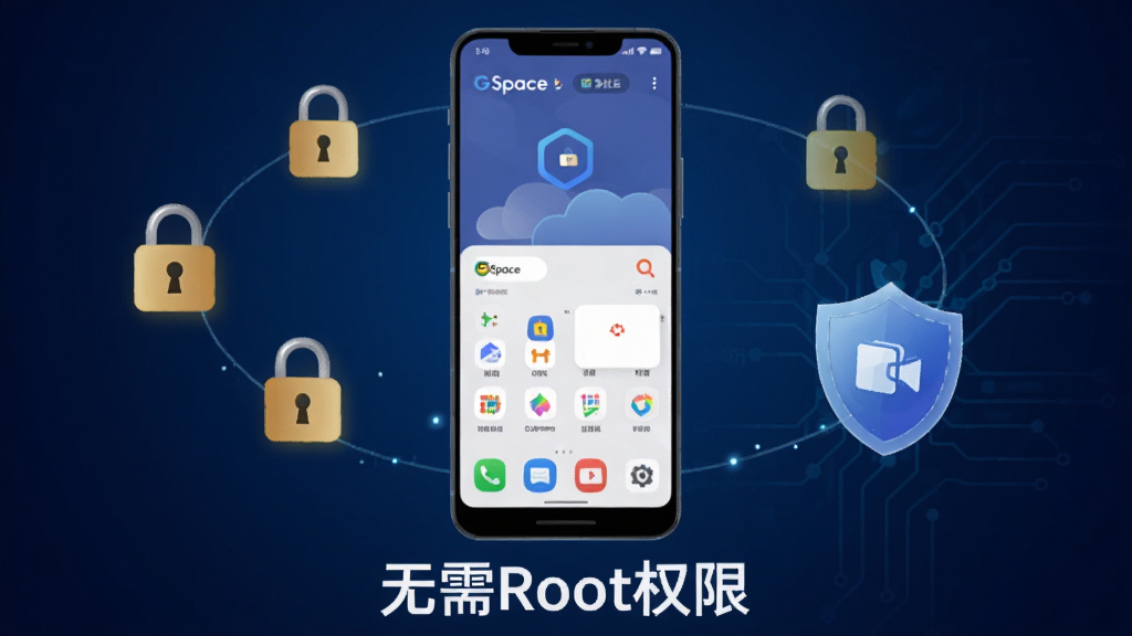 功社GSpace免Root运行原理图,手机屏幕显示GSpace应用界面,下方标注无需Root权限字样,周围环绕锁形图标与安全盾牌,背景为深蓝色科技渐变,画面简洁,高清画质