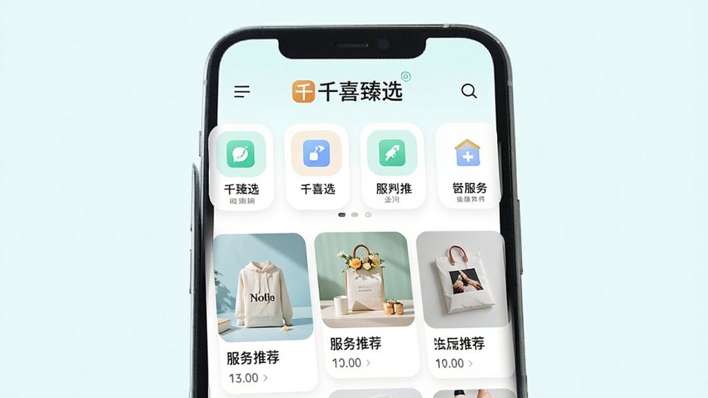 一张展示千喜臻选应用主界面的手机样机图,画面中央是一部竖屏智能手机,屏幕内显示千喜臻选首页,顶部有品牌Logo,中部为横向排列的功能入口图标,下方为瀑布流商品或服务推荐卡片,整体布局清晰,采用明亮清新的浅色调,风格现代简约,细节上突出图标与卡片的圆角设计,画质清晰,干净,无多余元素。