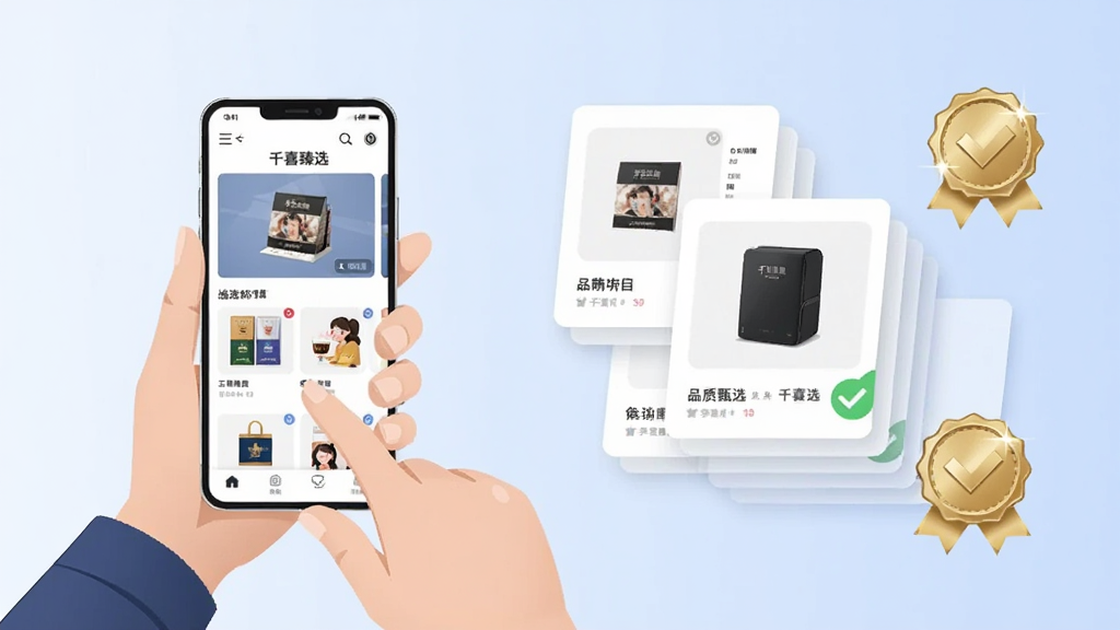 一张表现千喜臻选品质甄选概念的插画,画面左侧为一位用户手持手机浏览千喜臻选界面,右侧为悬浮排列的精选商品卡片与认证徽章,卡片上带有对勾图标,背景为柔和的渐变蓝色,风格扁平化,细节强调卡片的层次感与徽章的金属光泽,画质清晰,干净,无多余元素。