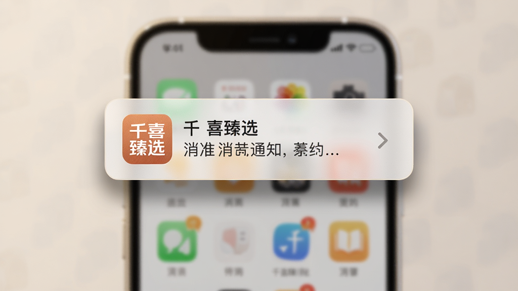 一张表现千喜臻选消息通知功能的示意图,画面中央为一部手机屏幕,屏幕上方弹出圆角矩形的通知卡片,卡片内包含千喜臻选图标与简短文字摘要,背景为虚化的应用界面,整体色调柔和,风格写实,细节上突出通知卡片的投影与图标质感,画质清晰,干净,无多余元素。