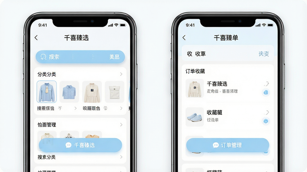 一张展示千喜臻选便捷操作界面的手机截图风格图片,画面为两部并排的手机,左侧展示搜索与分类页面,右侧展示收藏与订单管理页面,界面元素排列整齐,按钮尺寸适中,配色以白色和浅蓝为主,风格简洁明快,细节上突出按钮的圆角与阴影效果,画质清晰,干净,无多余元素。