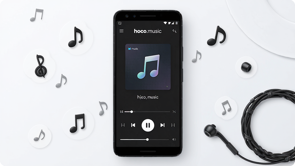 һ��չʾhoco.music���ֲ�������������ֻ�Ч��ͼ������������һ��������׿�ֻ�����Ļ�ڳ�����ɫ��������ֲ��Ž��棬������ʾ��hoco.music���������м���ר��������������ƣ��ײ��в�����ͣ��ť�ͽ��������ֻ���Χɢ��������ͼ��Ͷ�����װ�Σ����ּ����У�����ִ��Ƽ��У�ϸ�����������ʸɾ����޶���Ԫ��