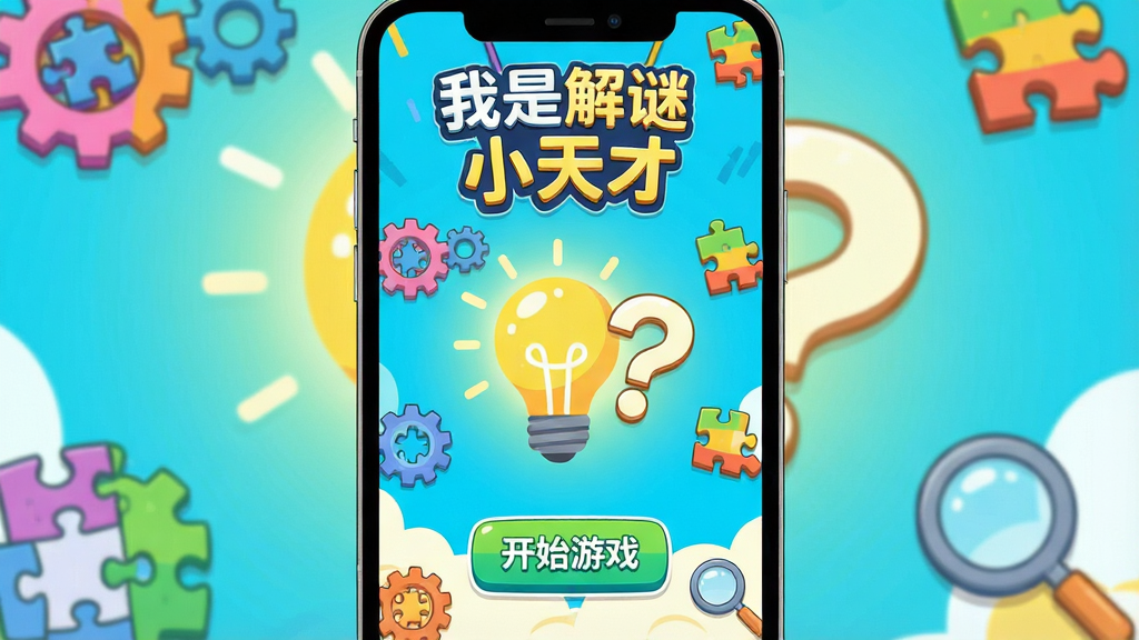 一张手机屏幕正面展示图,画面中央是「我是解谜小天才」游戏主界面,背景为明亮活泼的卡通风格,主体是一个发光的灯泡和问号图标,布局采用居中构图,排版上方是游戏标题「我是解谜小天才」,下方是开始游戏按钮,风格为扁平化休闲游戏UI,细节包含彩色齿轮、拼图块、放大镜等解谜元素围绕,画质清晰干净无多余元素