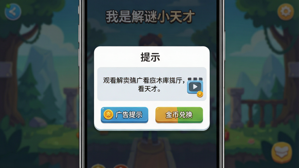 一张手机屏幕特写图,画面展示「我是解谜小天才」游戏内的提示弹窗界面,布局为居中弹窗,排版上方是「提示」标题,中间是文字线索内容,下方是观看广告获取提示和金币兑换两个按钮,风格为简洁明快的游戏UI,细节包含金币图标和广告播放小图标,背景是模糊的关卡画面,画质清晰干净无多余元素