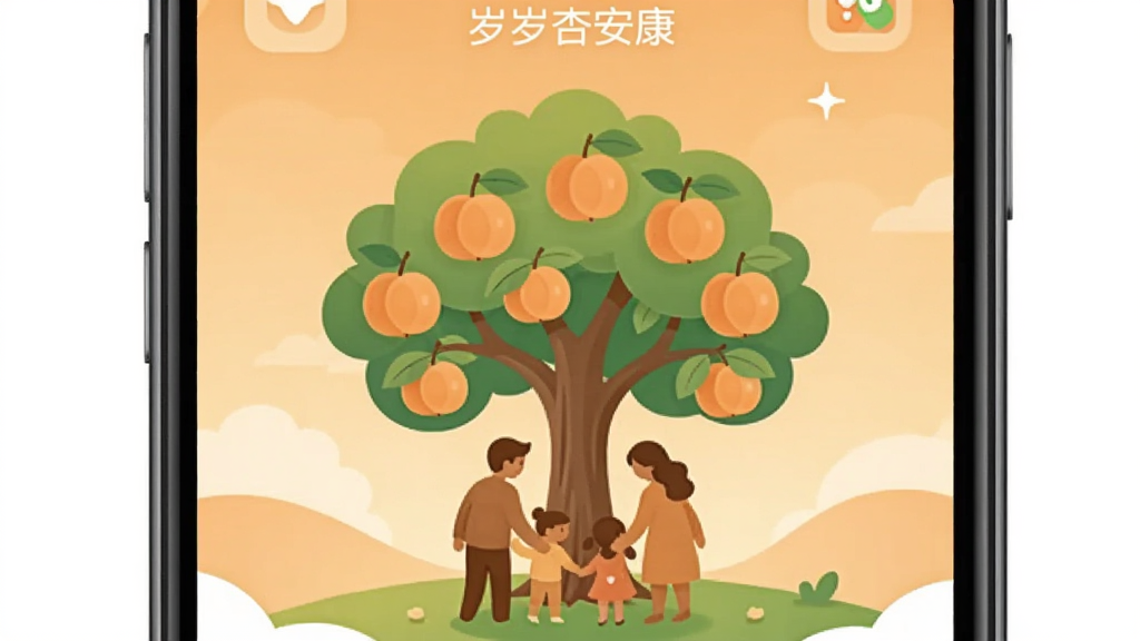 手机屏幕中显示岁岁杏安康应用主界面,画面中央是一棵结满杏子的健康树,树下有温馨的家庭人物剪影,整体采用暖色调,布局简洁大方,排版以上下结构呈现,风格为扁平化插画,细节包括柔和的渐变背景和圆润的图标设计,画质清晰干净无多余元素