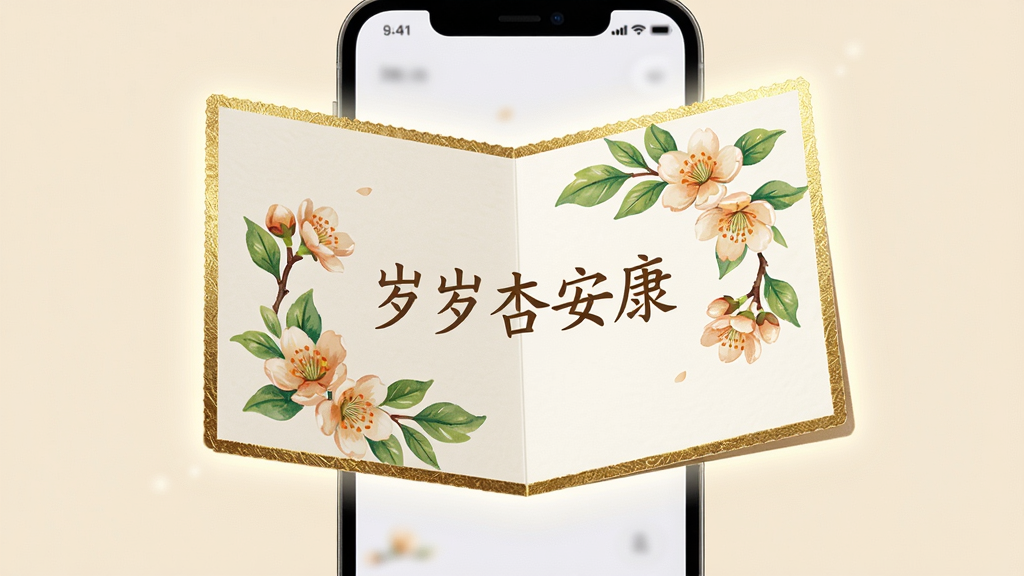一张展开的祝福卡片悬浮在手机屏幕上方,卡片上写着“岁岁杏安康”字样,周围环绕着杏花和绿叶装饰,背景是淡雅的米黄色,排版居中对称,风格温馨治愈,细节包括卡片边缘的烫金纹理和柔和的光晕效果,画质高清干净无多余元素
